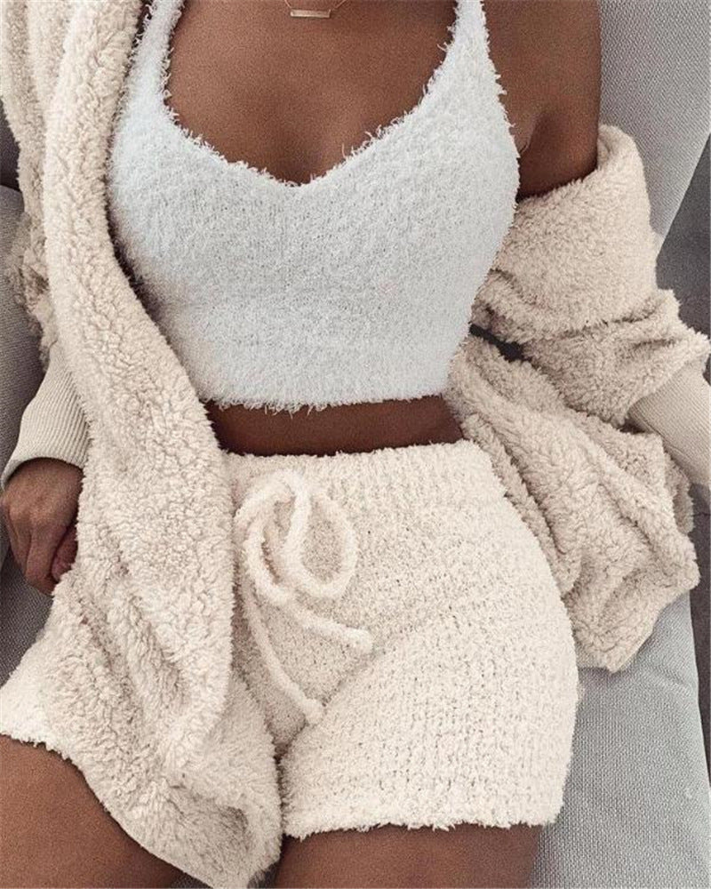 3pcs Womens Clothing Long Sleeve Crop Tank Top/Pajama Set
