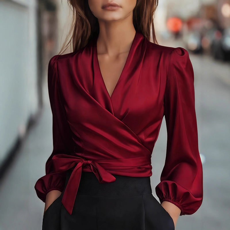 Women's Elegant Solid Color V-Neck Satin Long Sleeve Blouse