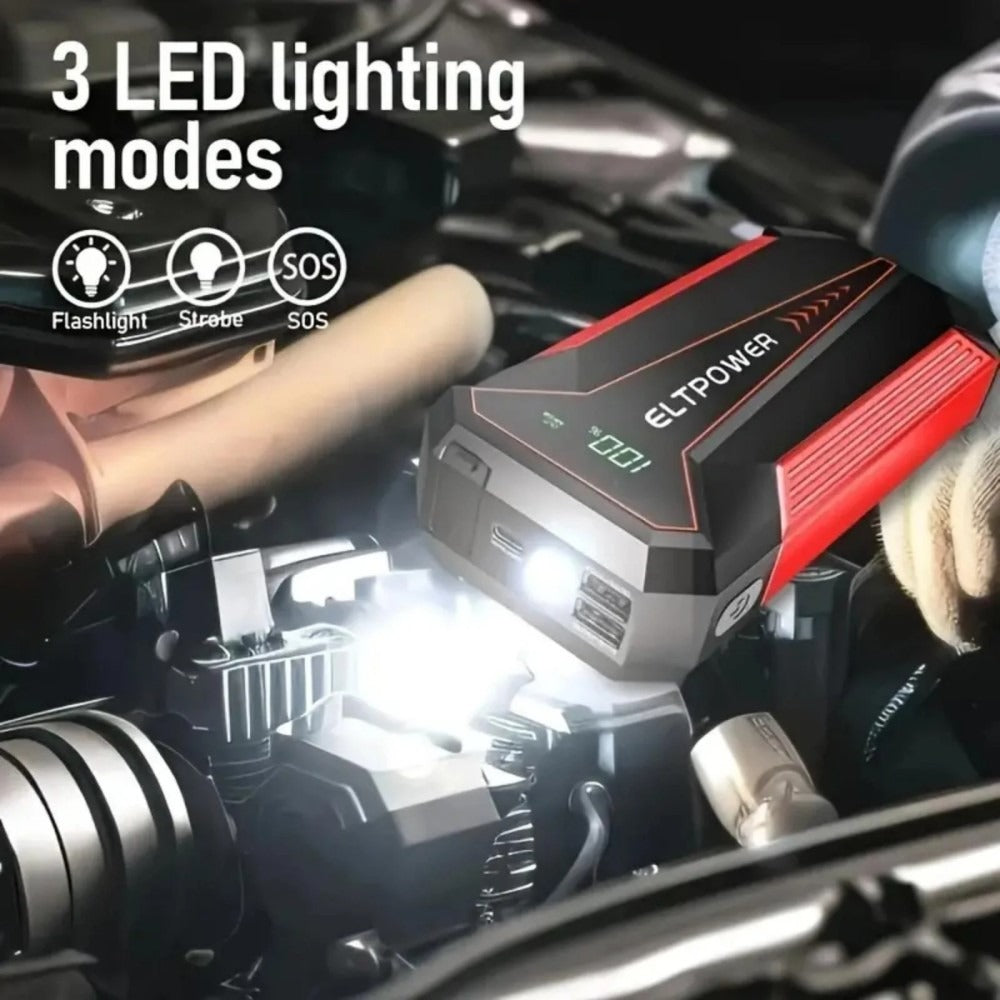 Car Jump Starter - Power Supply With Dual USB Fast Charging & Red LED Light.