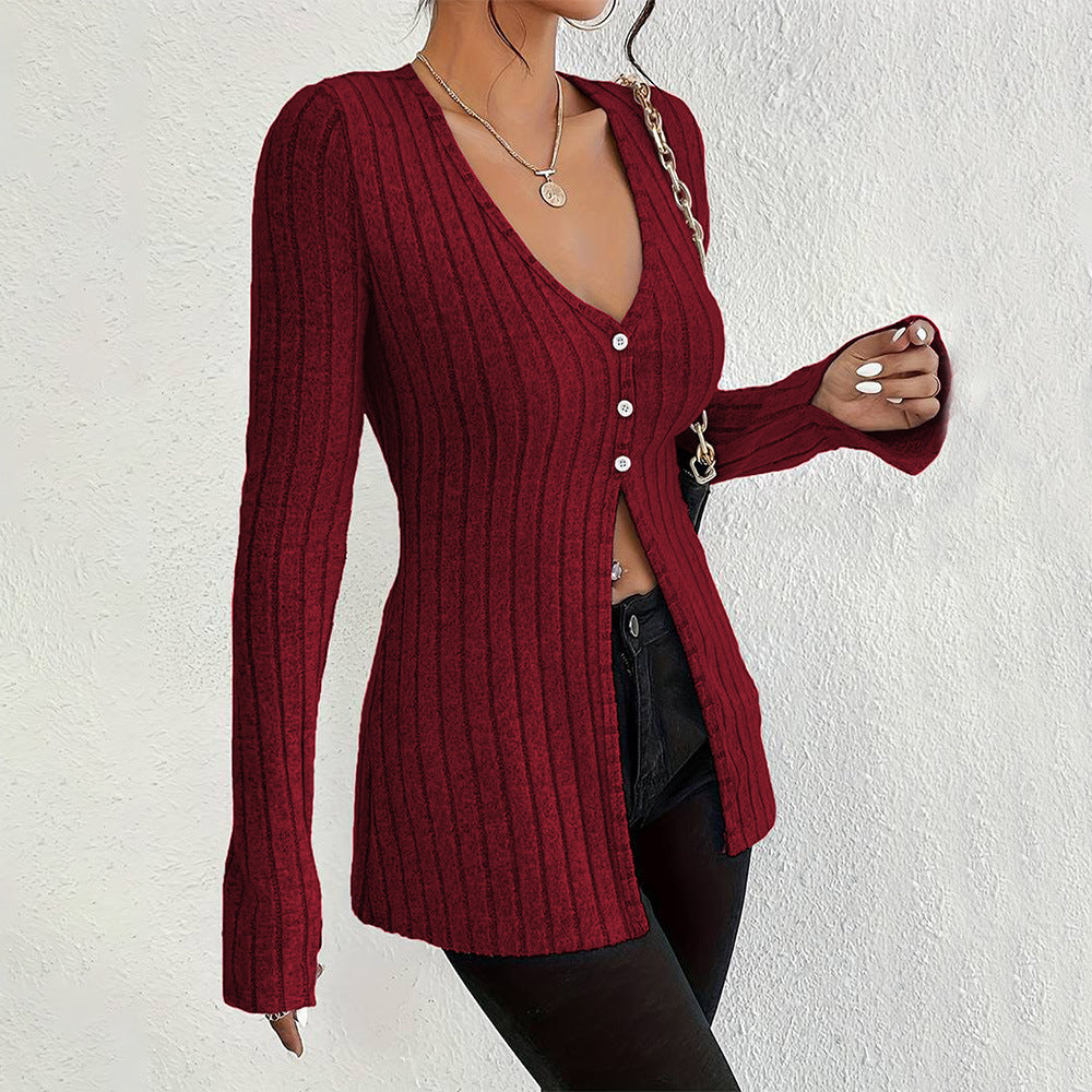 European & American - French Sexy Style V-neck T-shirt Long Sleeve Crop Top
