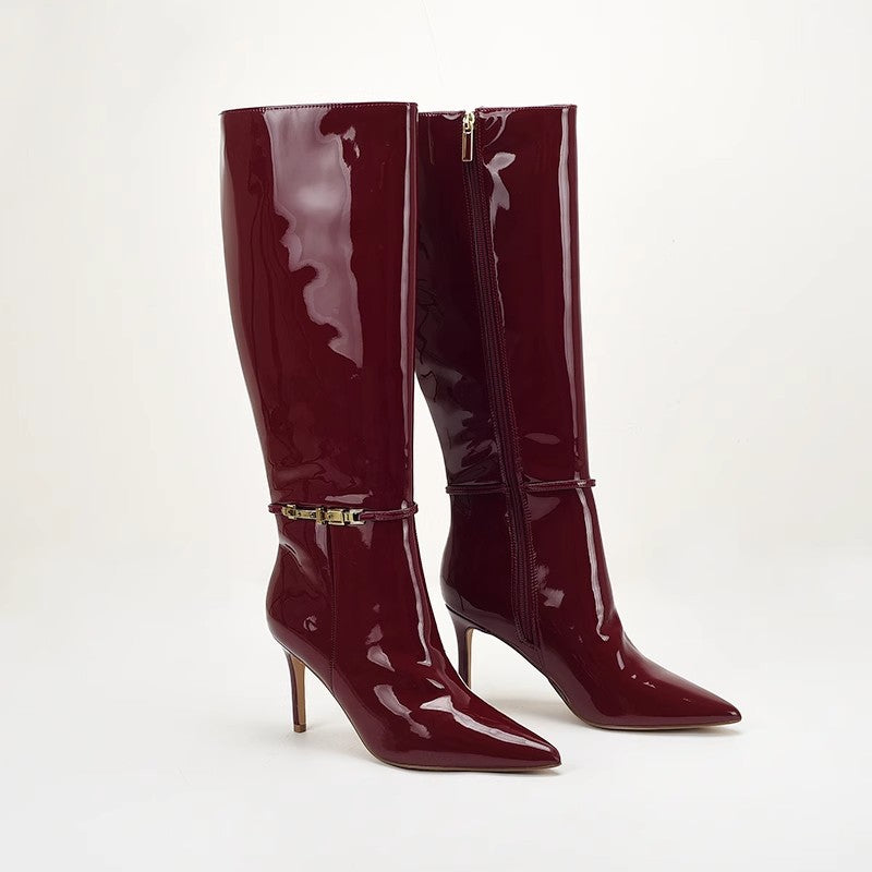 Stiletto-Heeled Leather Belt-Buckle Zip Thigh-high Boots