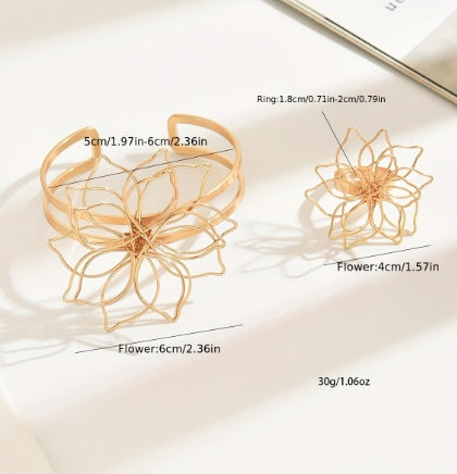 Jewelry Set, Elegant Geometric Lattice Flower Ring, Inlaid Lattice Line Flower Bracelet