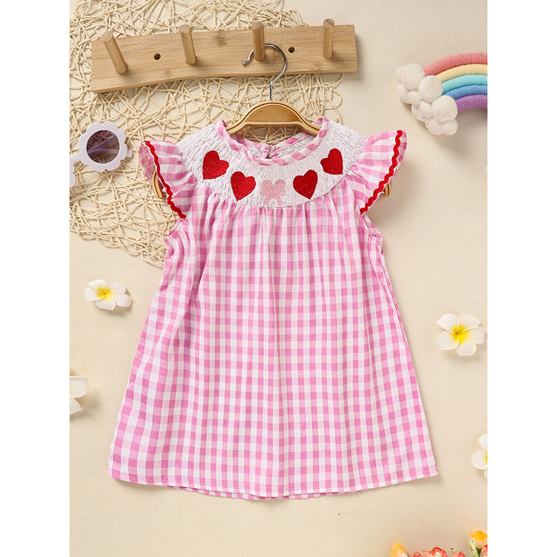 Baby Girls Dress Pink Plaid With Heart Embroidery