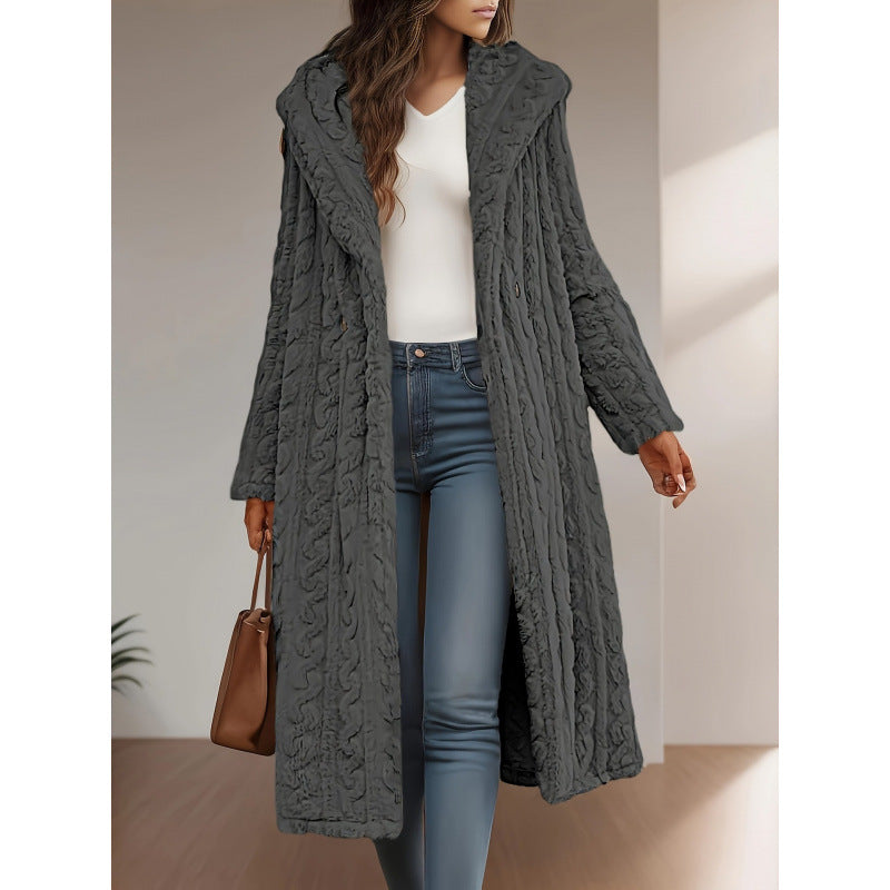 Women's Long Solid Color Long Sleeve Hooded Wool Coat