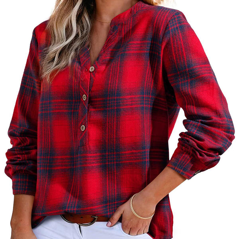 Women's Plaid V-Neck Blouse/Top