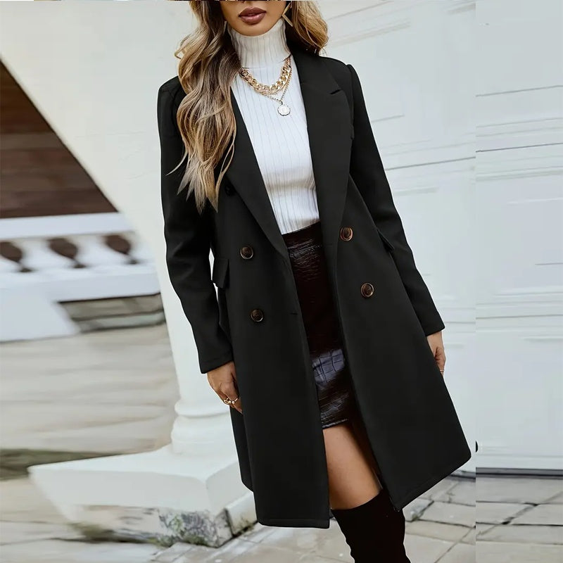 Women's Solid Lapel Long Sleeve Mid-Length Overcoat With Pockets