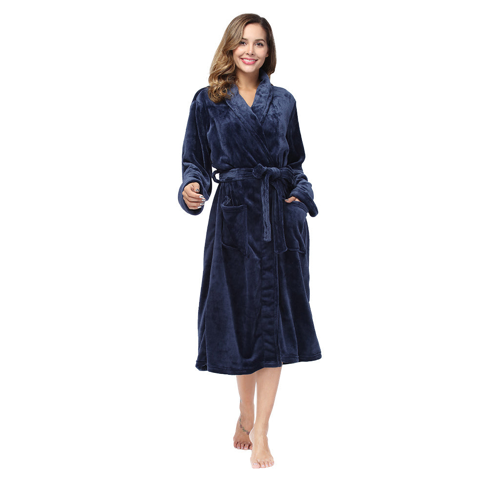 Solid Color Collar Robe For Women In Navy Blue