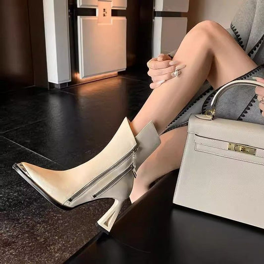 Pointed-Toe Chunky-Heel Side-Zip Boots
