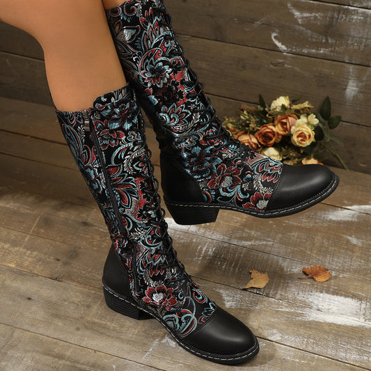 Embroidered Ethnic-Style Chunky-Heel Boots