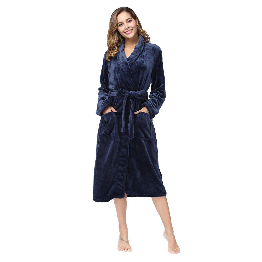 Solid Color Collar Robe For Women In Navy Blue