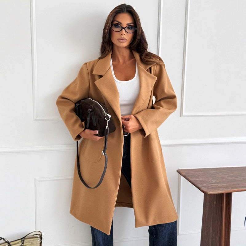 Women's Simple Solid Color Long Sleeve Single-breasted Wool Coat
