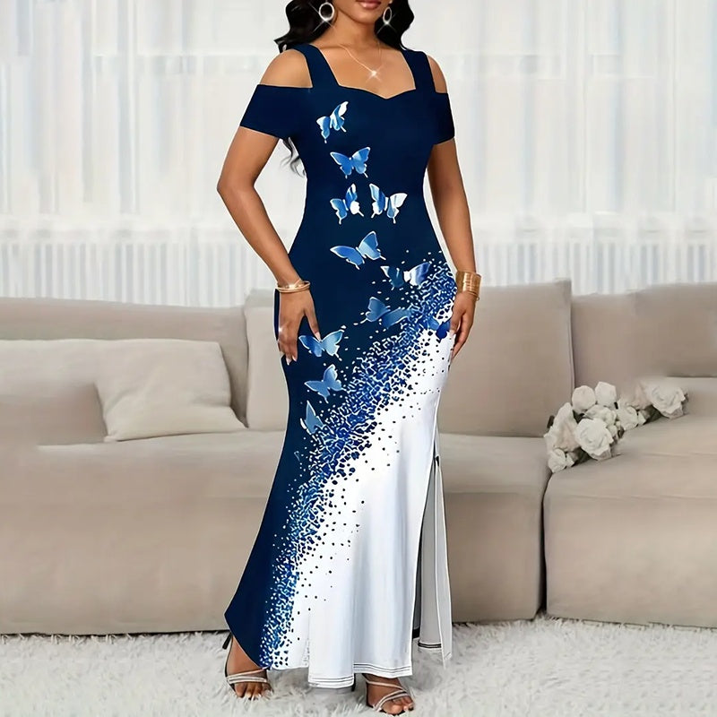 Women's Colored-Block Butterfly Print Maxi Dress