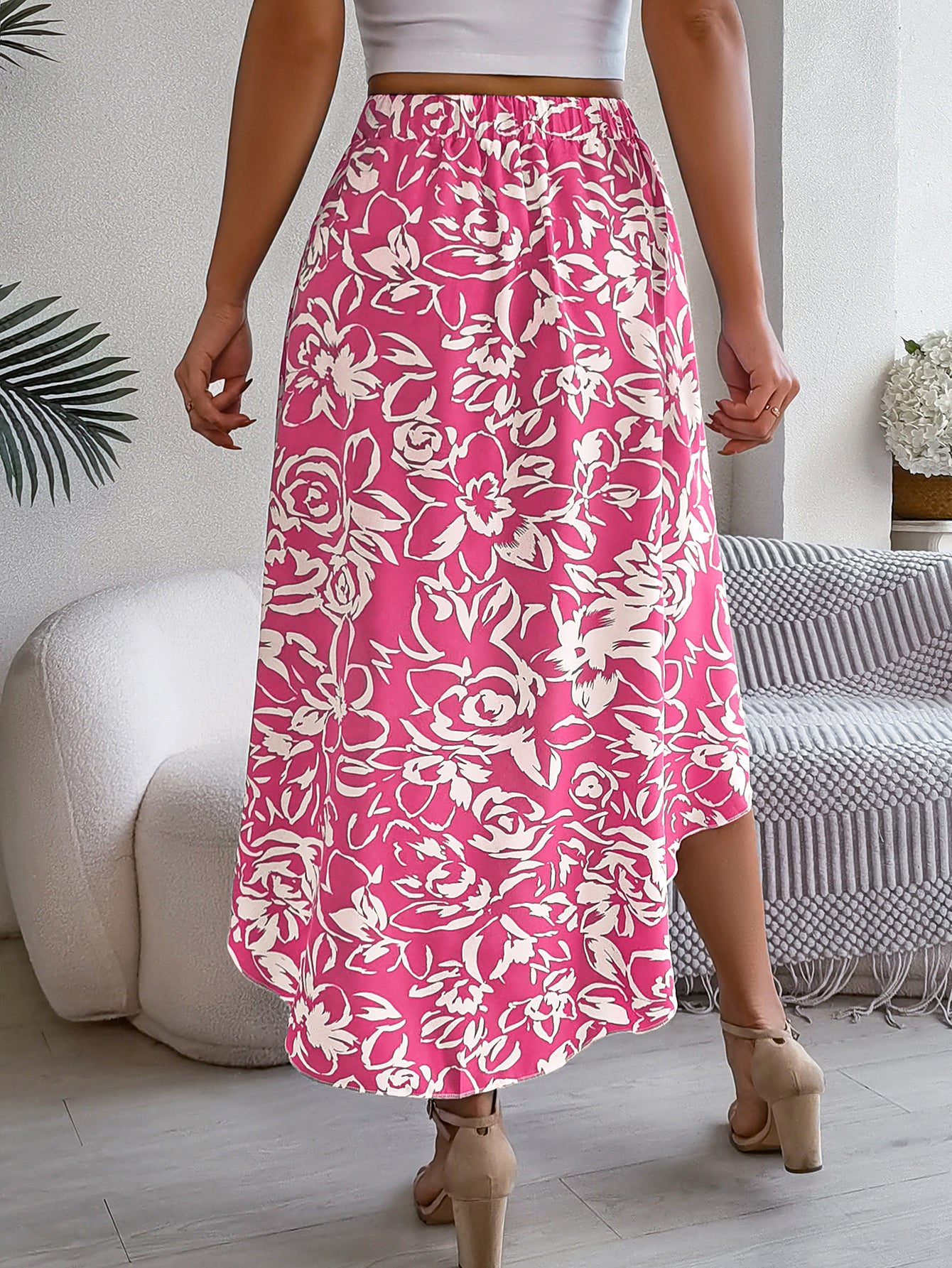 Floral Print Ruffle Hem Midi Asymmetric Skirt