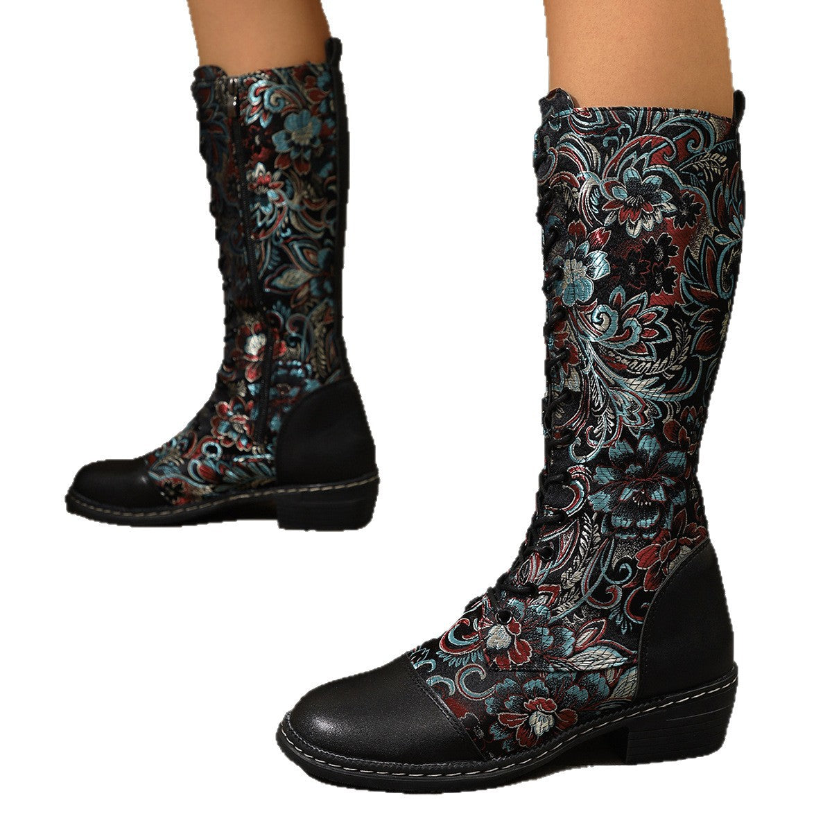 Embroidered Ethnic-Style Chunky-Heel Boots