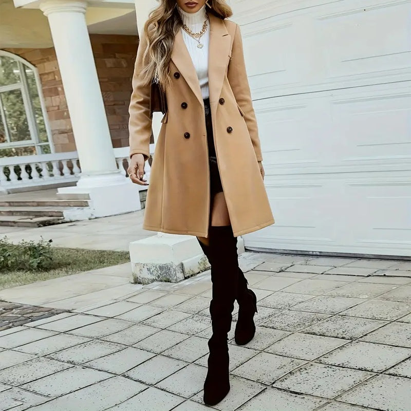 Women's Solid Lapel Long Sleeve Mid-Length Overcoat With Pockets