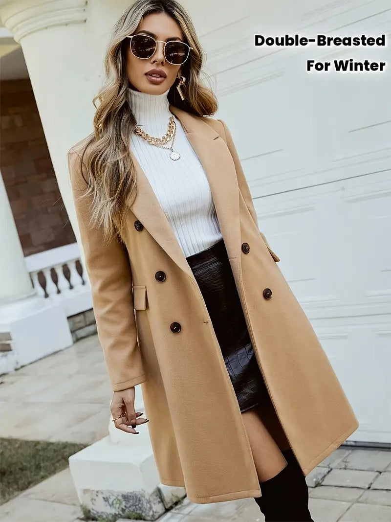 Women's Solid Lapel Long Sleeve Mid-Length Overcoat With Pockets