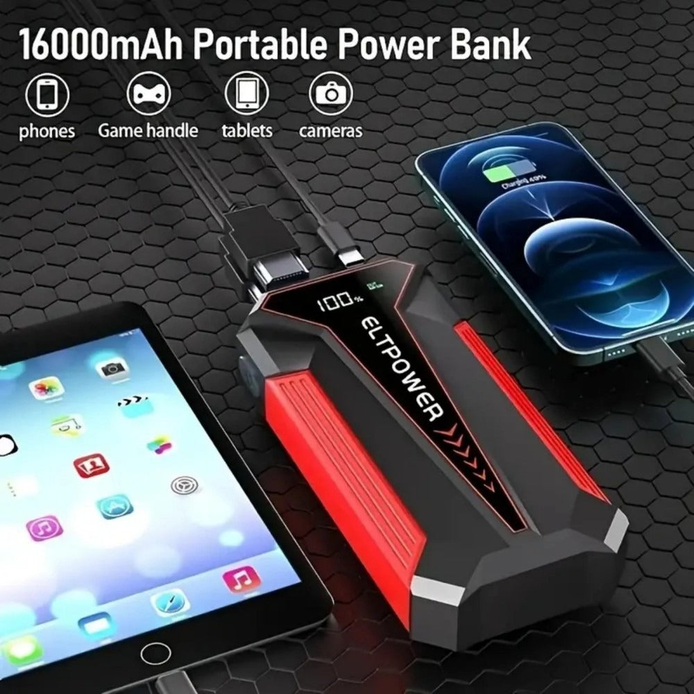Car Jump Starter - Power Supply With Dual USB Fast Charging & Red LED Light.