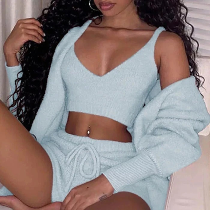 3pcs Womens Clothing Long Sleeve Crop Tank Top/Pajama Set