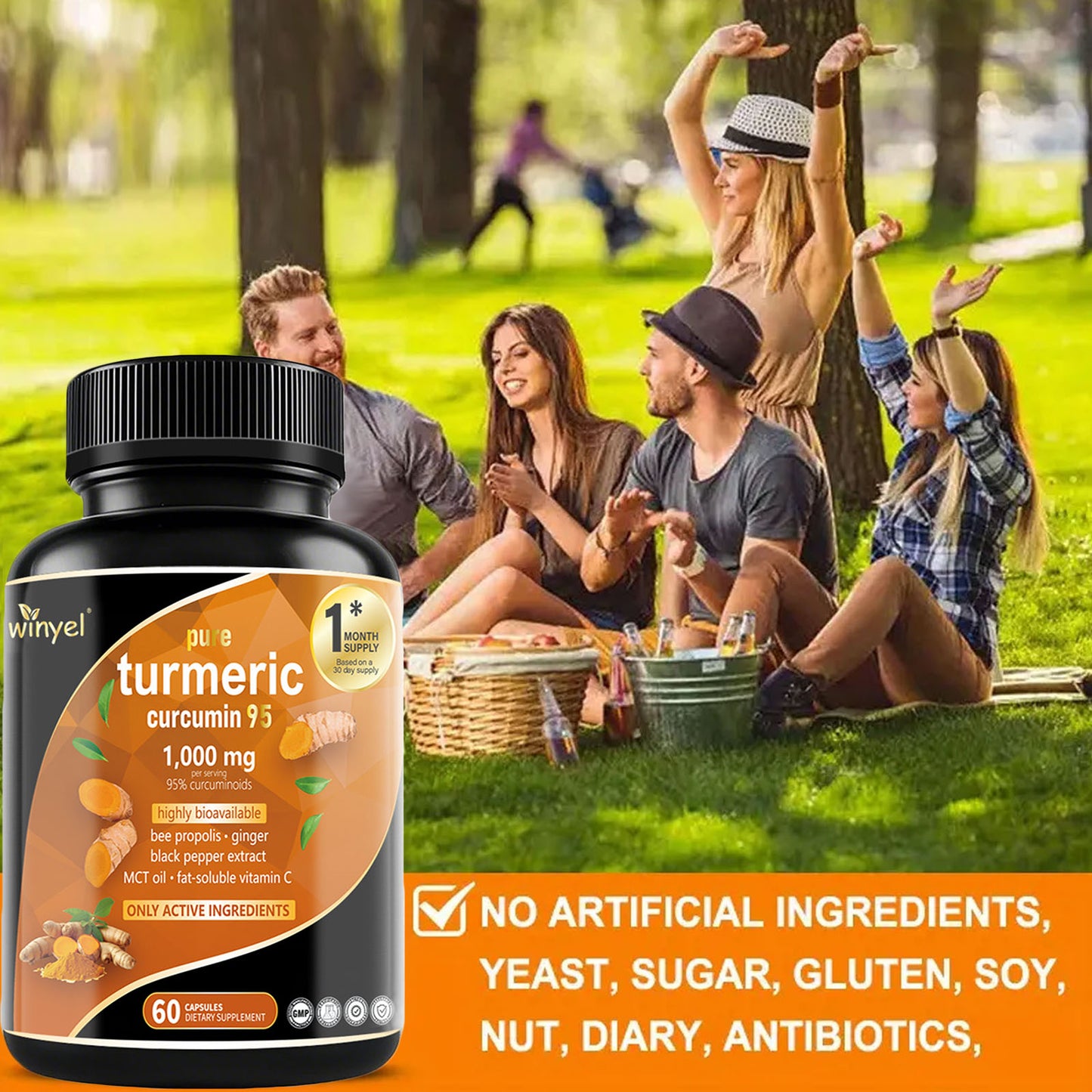 Premium Turmeric Curcumin Supplements 1000mg - Great Absorption Rate - Supports Heart, Brain And Joint Health - 60 Capsules