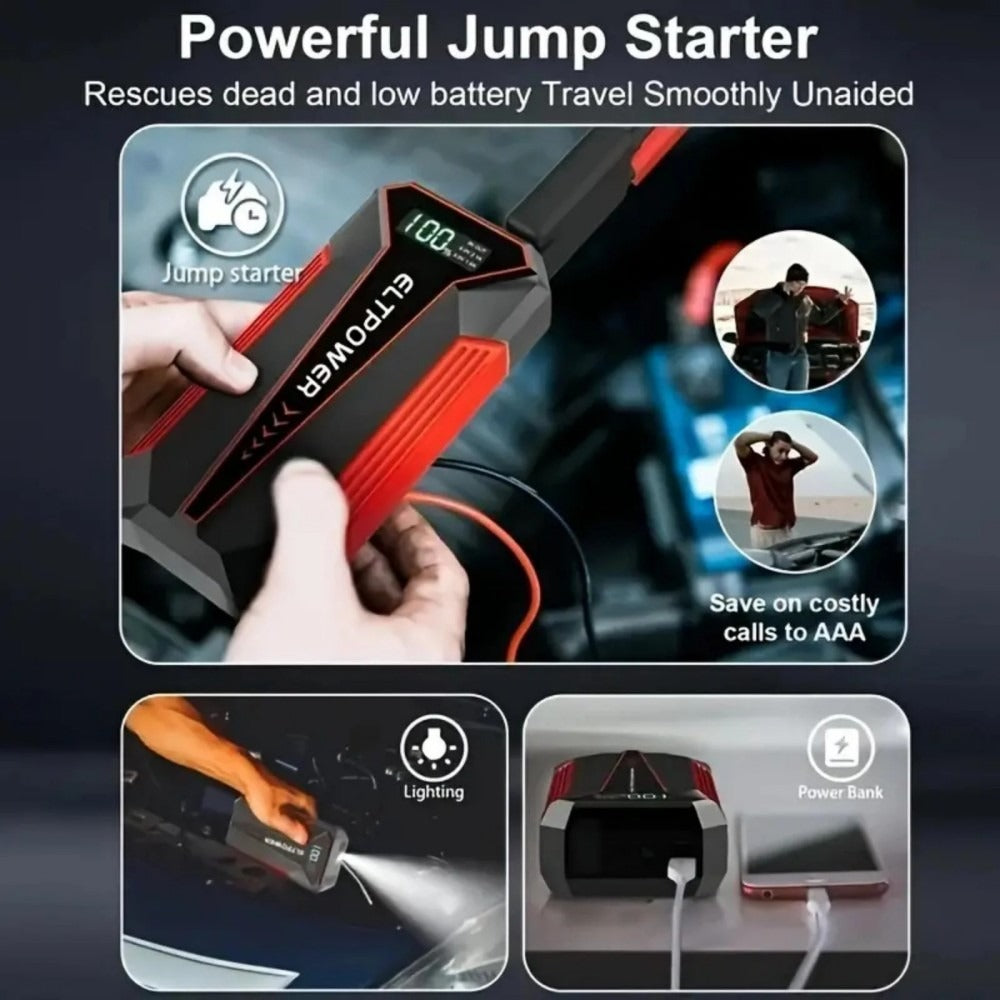Car Jump Starter - Power Supply With Dual USB Fast Charging & Red LED Light.