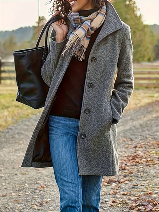 Women's Vintage Solid Color Button-up Stand-up Collar Woolen Jacket