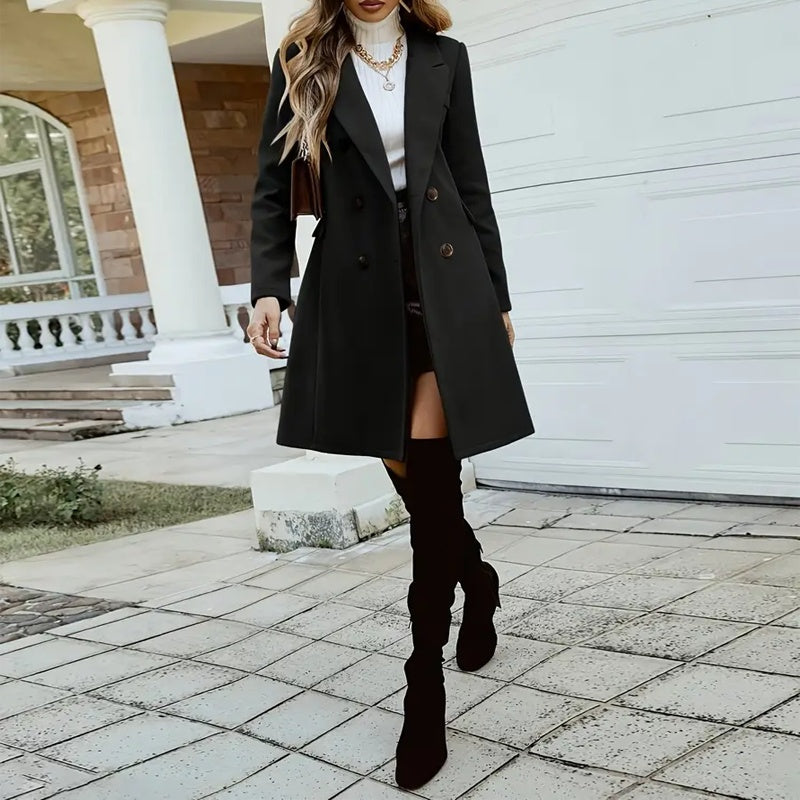Women's Solid Lapel Long Sleeve Mid-Length Overcoat With Pockets