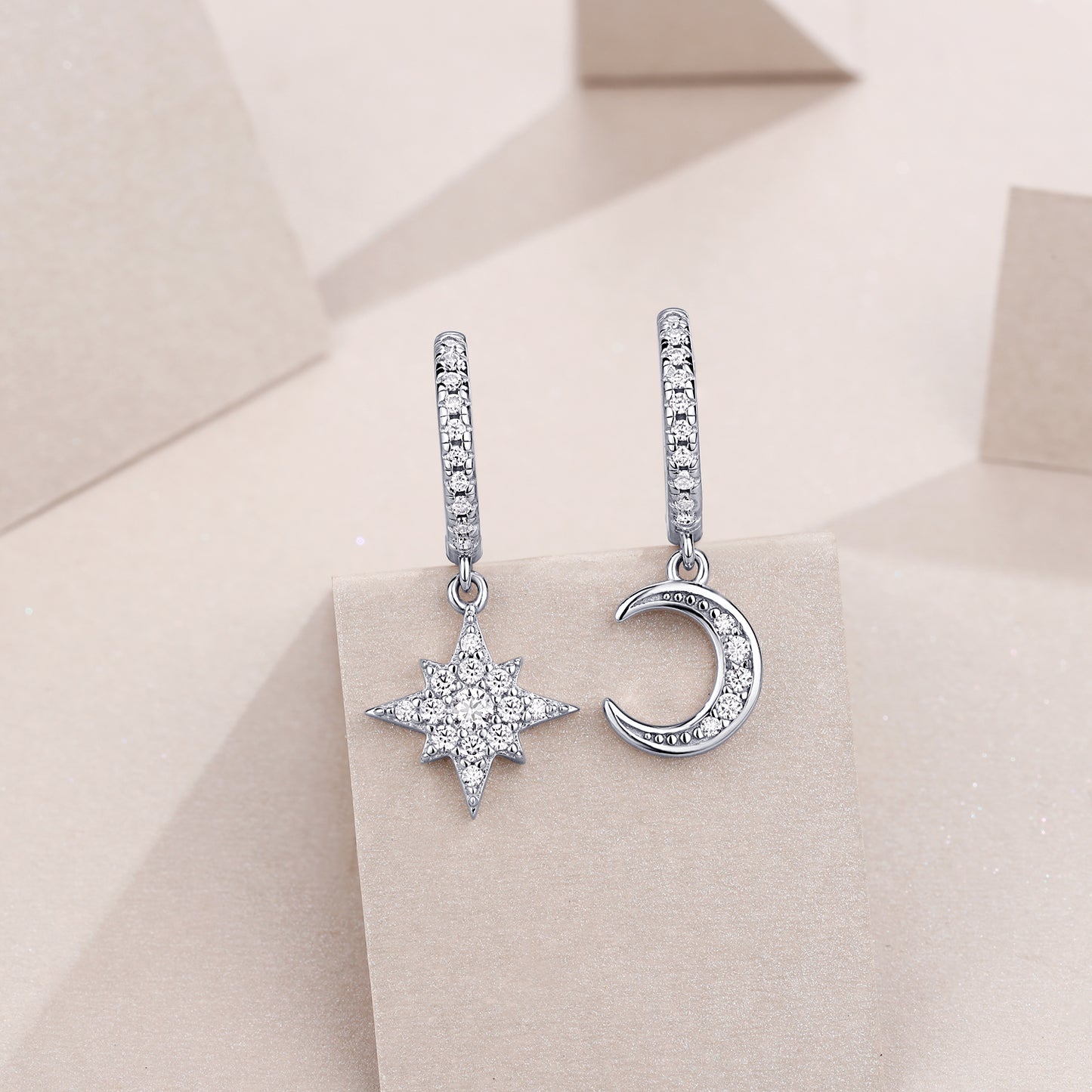 Star & Moon - Earrings & Stud Jewelry Set/Sterling Silver & Platinum-plated Diamonds