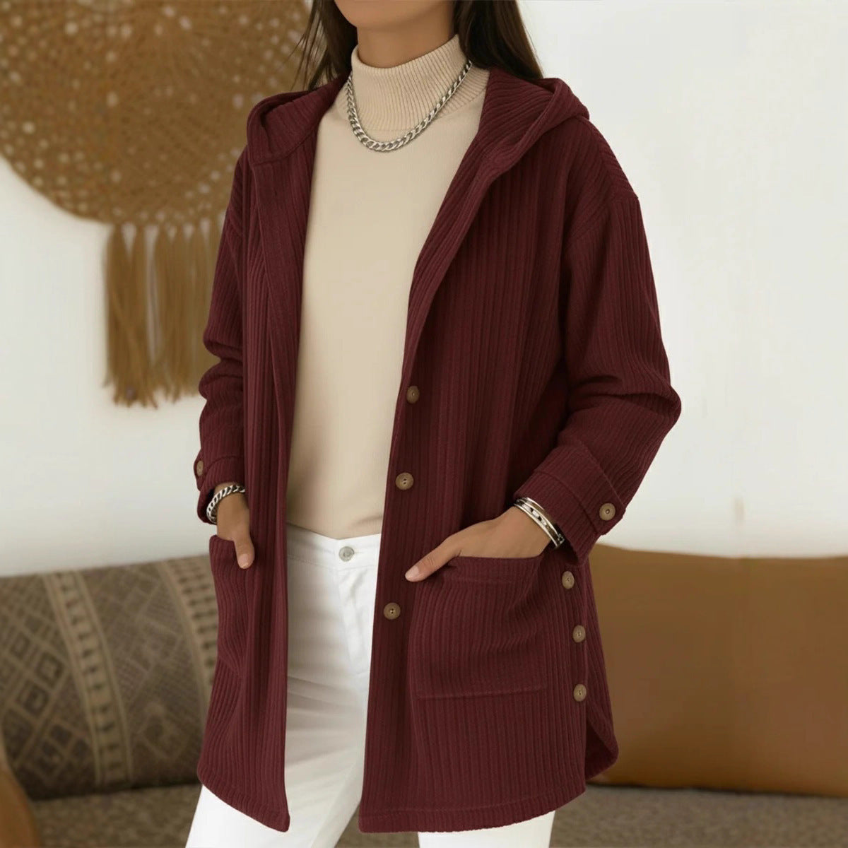 Women's Loose Hooded Corduroy Casual Jacket