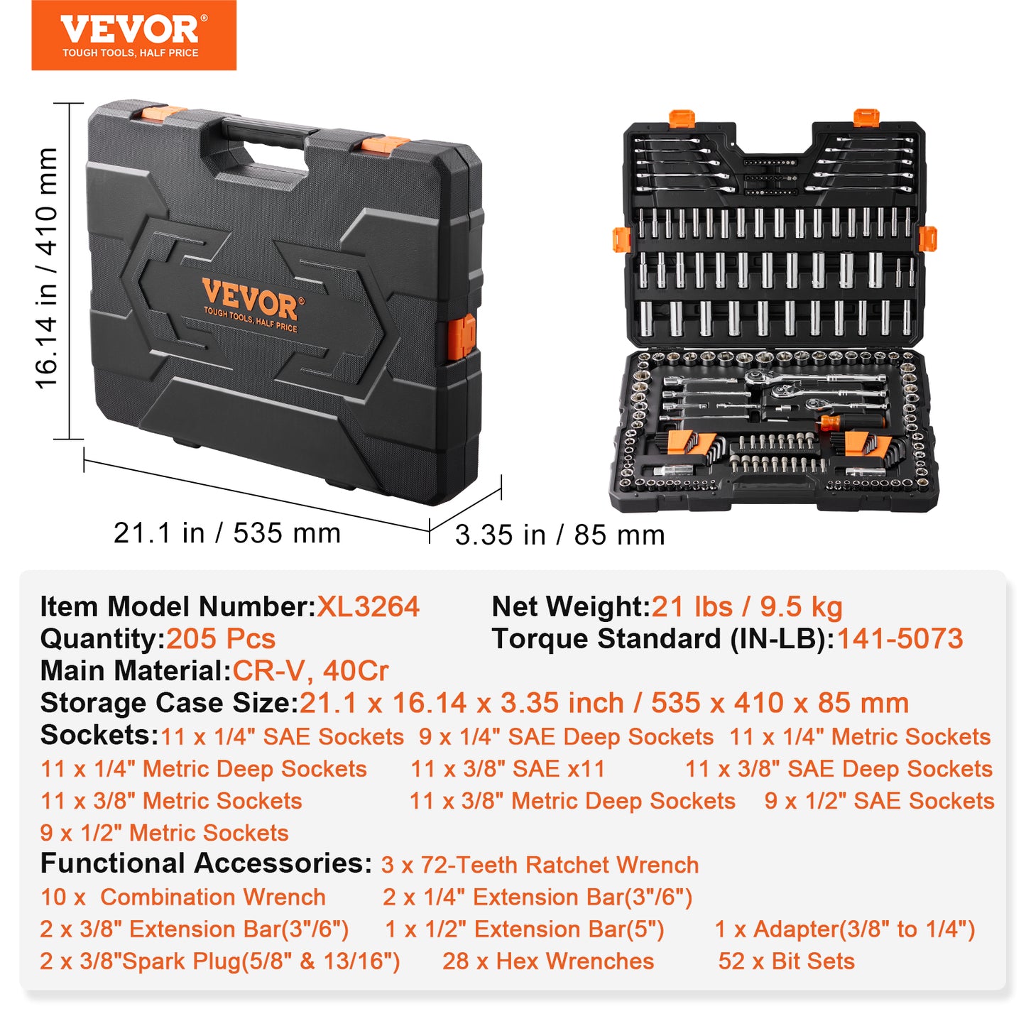 V205pcs Mechanics Tool Set And Socket Set, 1/4" 3/8" 1/2"
