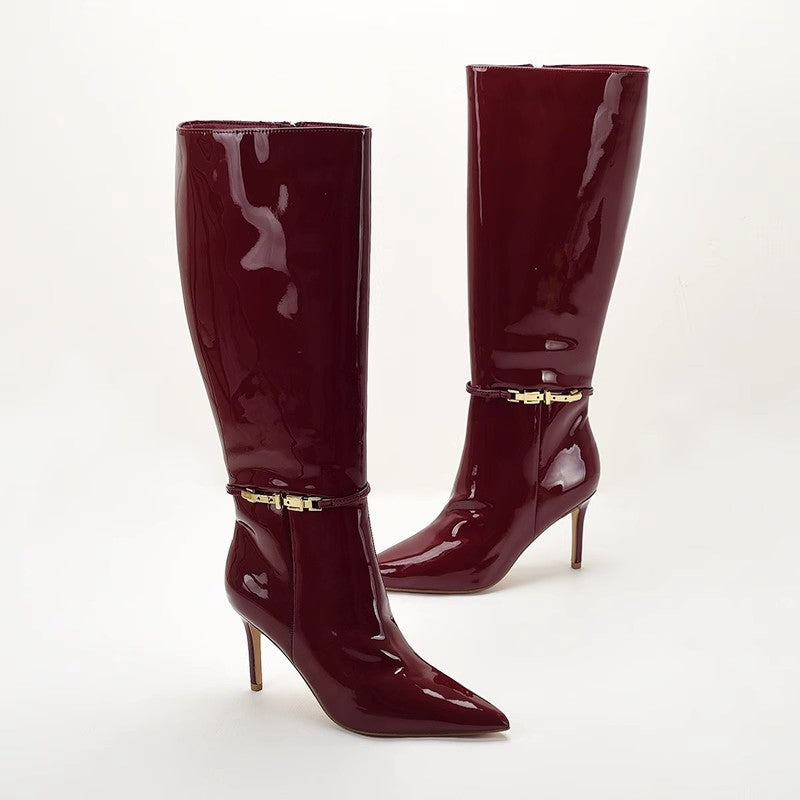 Stiletto-Heeled Leather Belt-Buckle Zip Thigh-high Boots