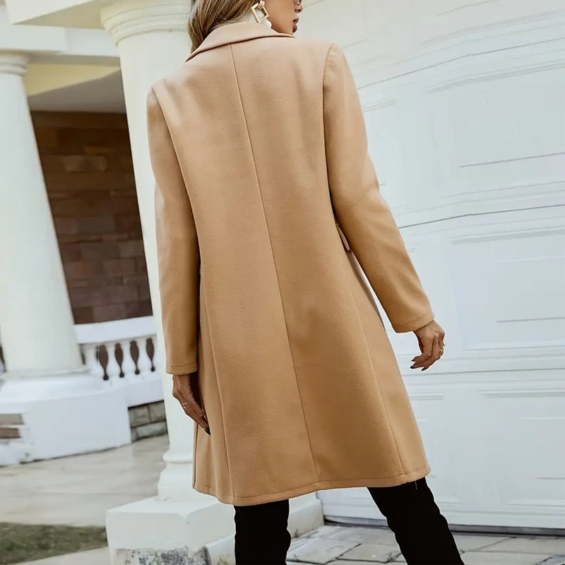 Women's Solid Lapel Long Sleeve Mid-Length Overcoat With Pockets