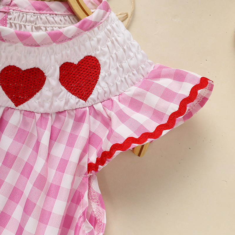 Baby Girls Dress Pink Plaid With Heart Embroidery