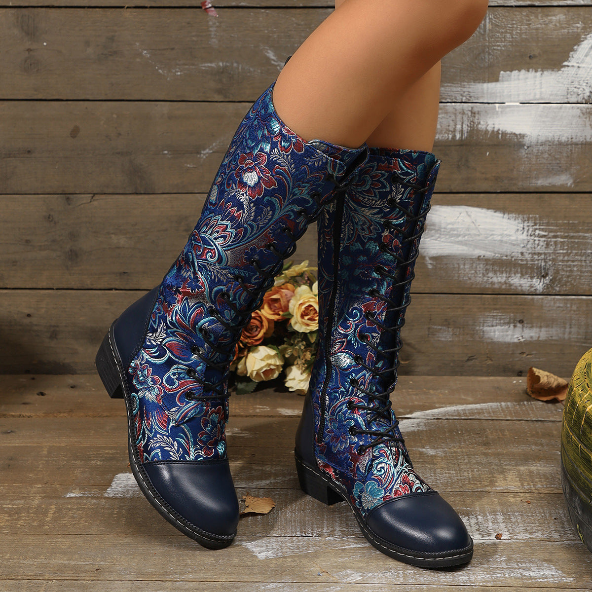 Embroidered Ethnic-Style Chunky-Heel Boots