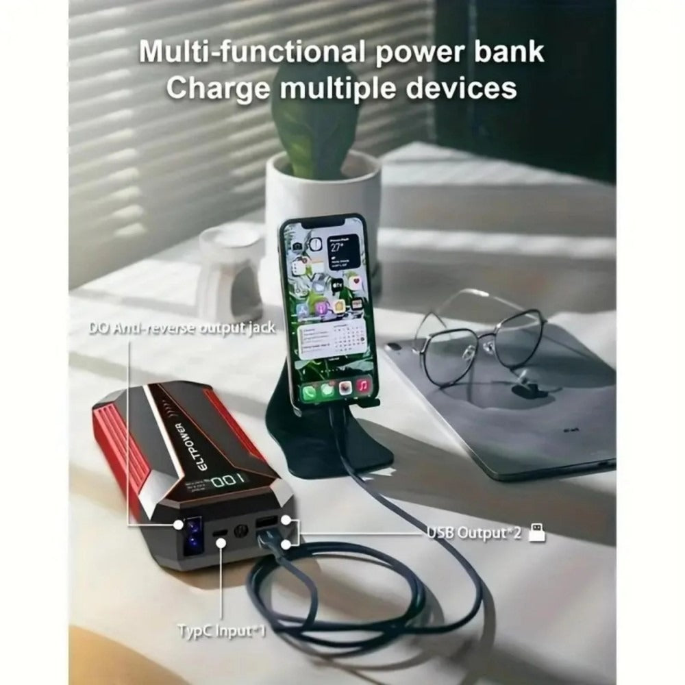 Car Jump Starter - Power Supply With Dual USB Fast Charging & Red LED Light.