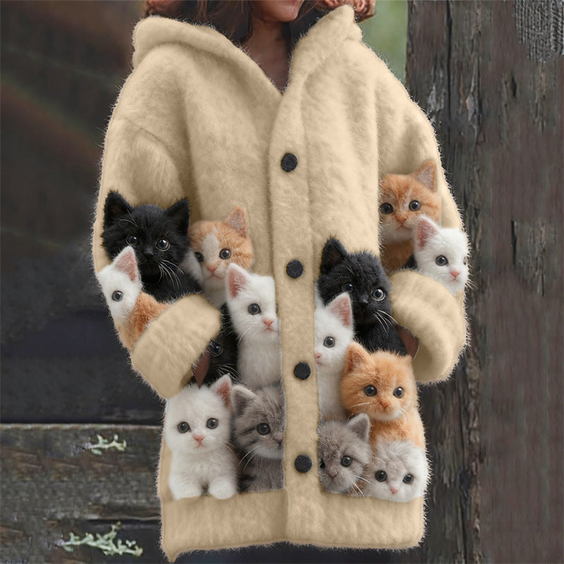 Cat Pattern 3D Printed Casual Hooded Cape Jacket