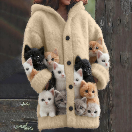 Cat Pattern 3D Printed Casual Hooded Cape Jacket