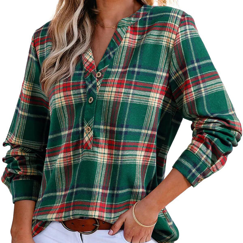 Women's Plaid V-Neck Blouse/Top