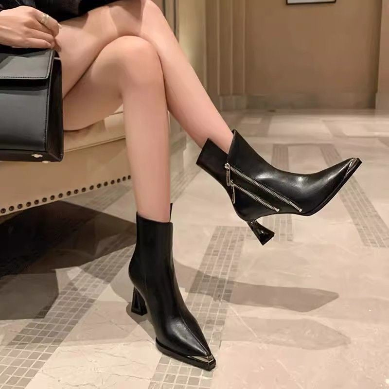 Pointed-Toe Chunky-Heel Side-Zip Boots