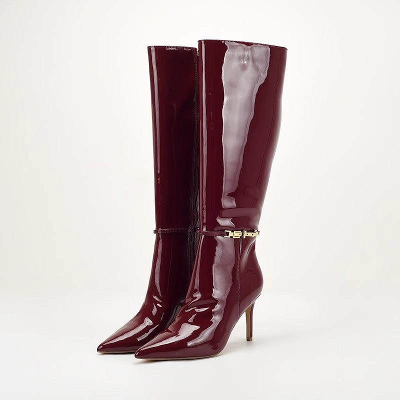 Stiletto-Heeled Leather Belt-Buckle Zip Thigh-high Boots