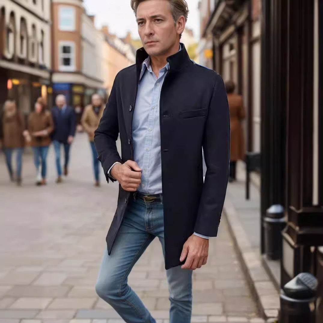 Men's Trench Coat - Standing Collar