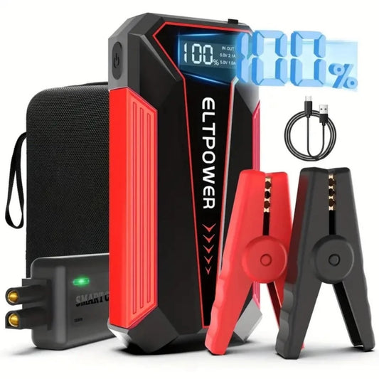 Car Jump Starter - Power Supply With Dual USB Fast Charging & Red LED Light.