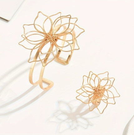 Jewelry Set, Elegant Geometric Lattice Flower Ring, Inlaid Lattice Line Flower Bracelet