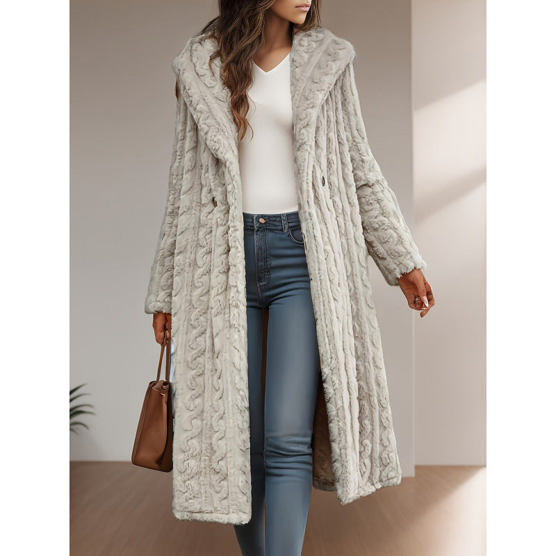 Women's Long Solid Color Long Sleeve Hooded Wool Coat