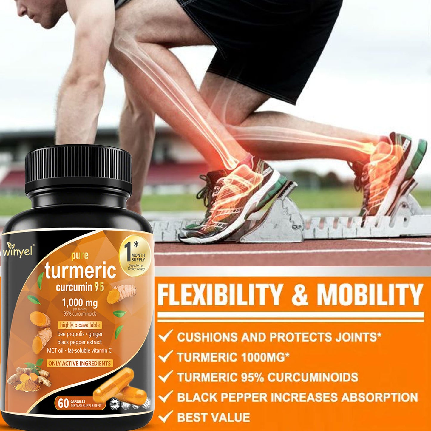 Premium Turmeric Curcumin Supplements 1000mg - Great Absorption Rate - Supports Heart, Brain And Joint Health - 60 Capsules