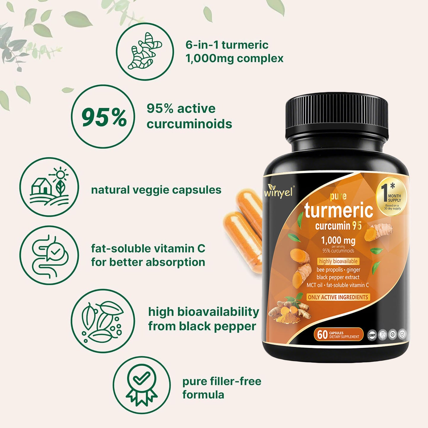 Premium Turmeric Curcumin Supplements 1000mg - Great Absorption Rate - Supports Heart, Brain And Joint Health - 60 Capsules