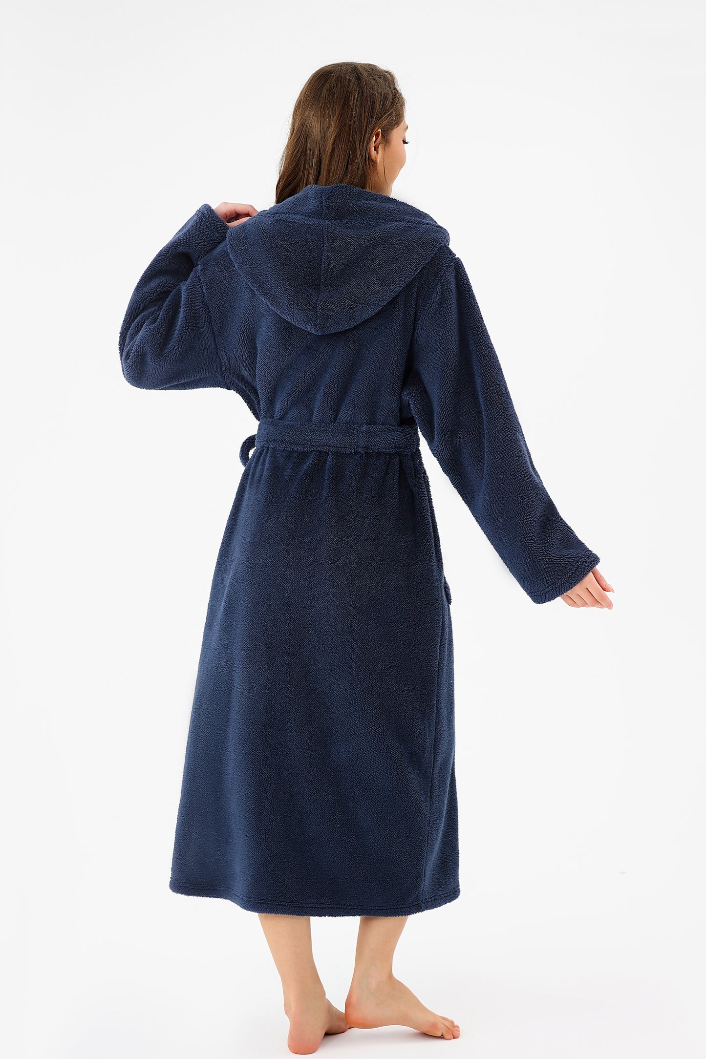 Women's Hooded Robe Long Plush Fleece Bathrobe