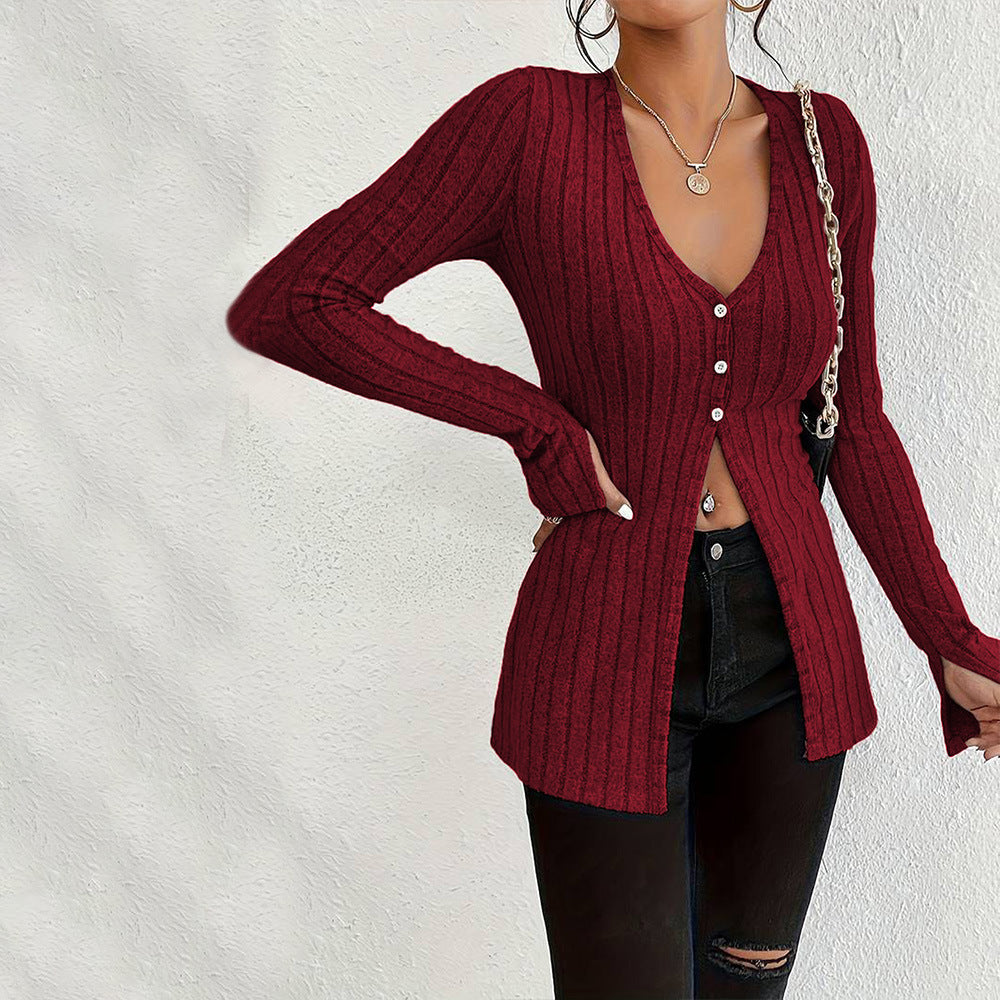 European & American - French Sexy Style V-neck T-shirt Long Sleeve Crop Top
