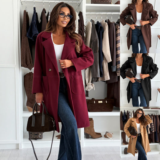 Women's Simple Solid Color Long Sleeve Single-breasted Wool Coat