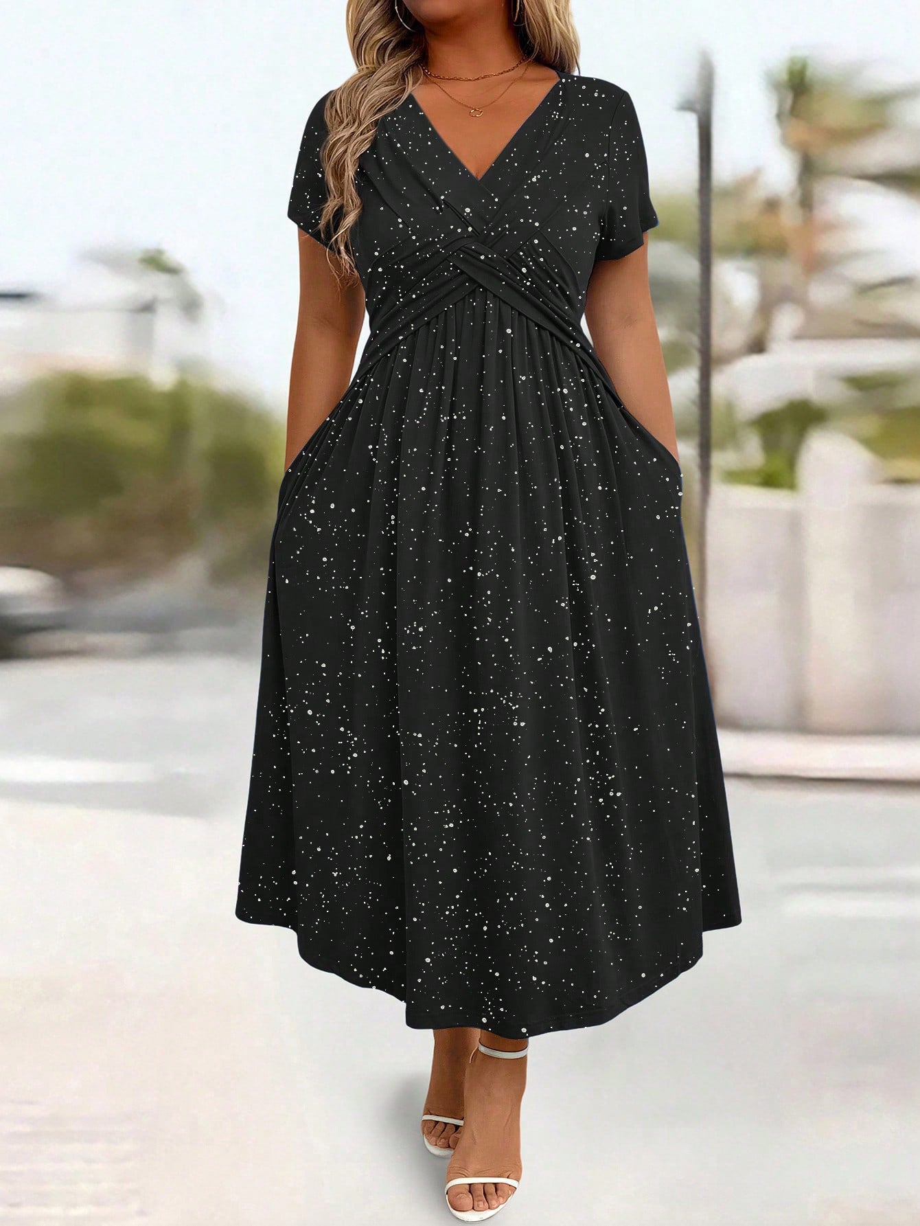 Women's Elegant Dress - Vneck Shimmering Powder Finish Twisted Ribbon