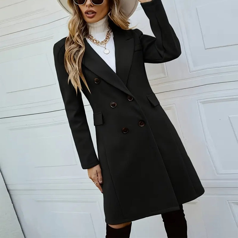 Women's Solid Lapel Long Sleeve Mid-Length Overcoat With Pockets